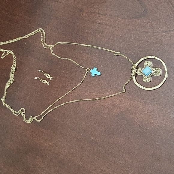 Jewelry - Beautiful gold and teal cross necklace and earrings set